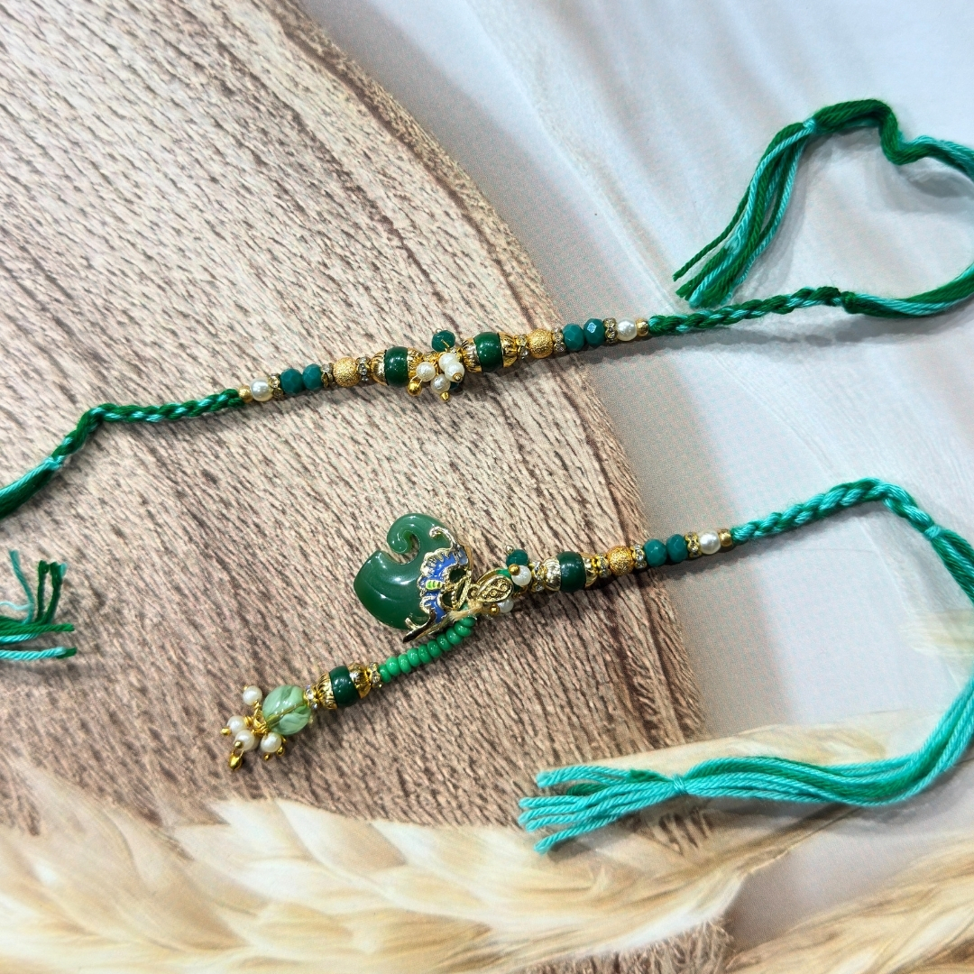107 Emerald Elephant Bhaiya Bhabhi Rakhi Set - Image 1